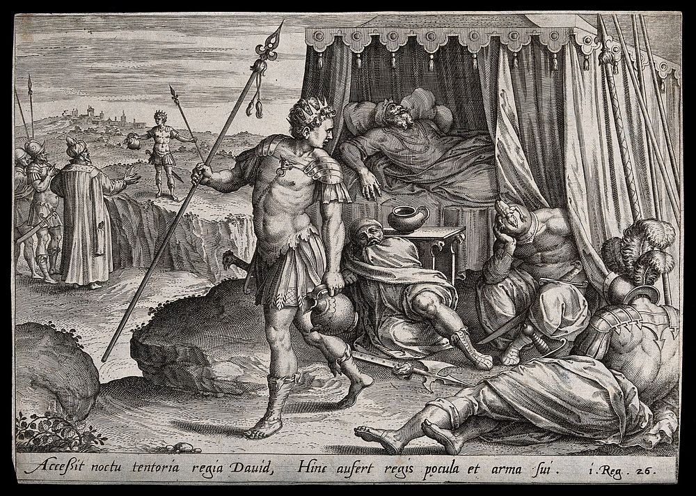 David steals a spear and jug from Saul, who lies deep in a sleep imposed by God. Engraving.