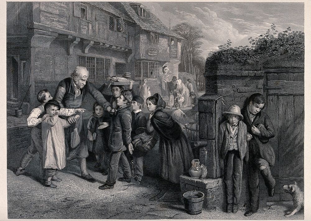 A boy is accused of breaking a shop window while the real culprits hide behind a water pump. Engraving by H. Lemon after…