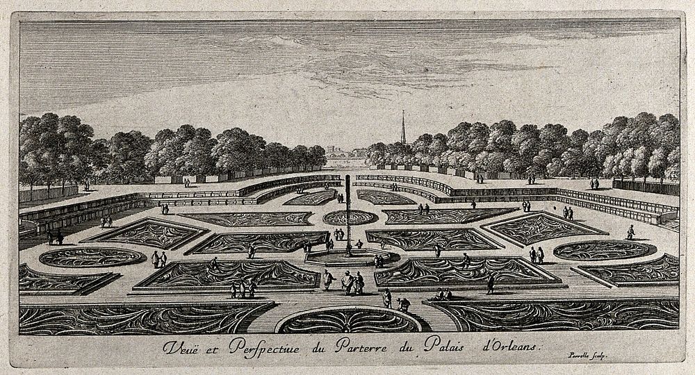 The gardens of the Palais d'Orleans. Etching by Perelle.