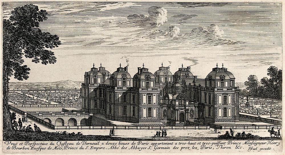 The castle at Verneuil near Paris. Etching.