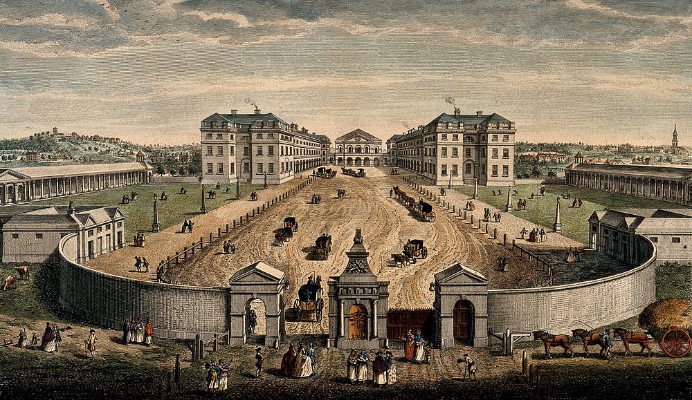 The Foundling Hospital, Holborn, London: a bird's-eye view of the courtyard. Coloured engraving by T. Bowles after L. P.…