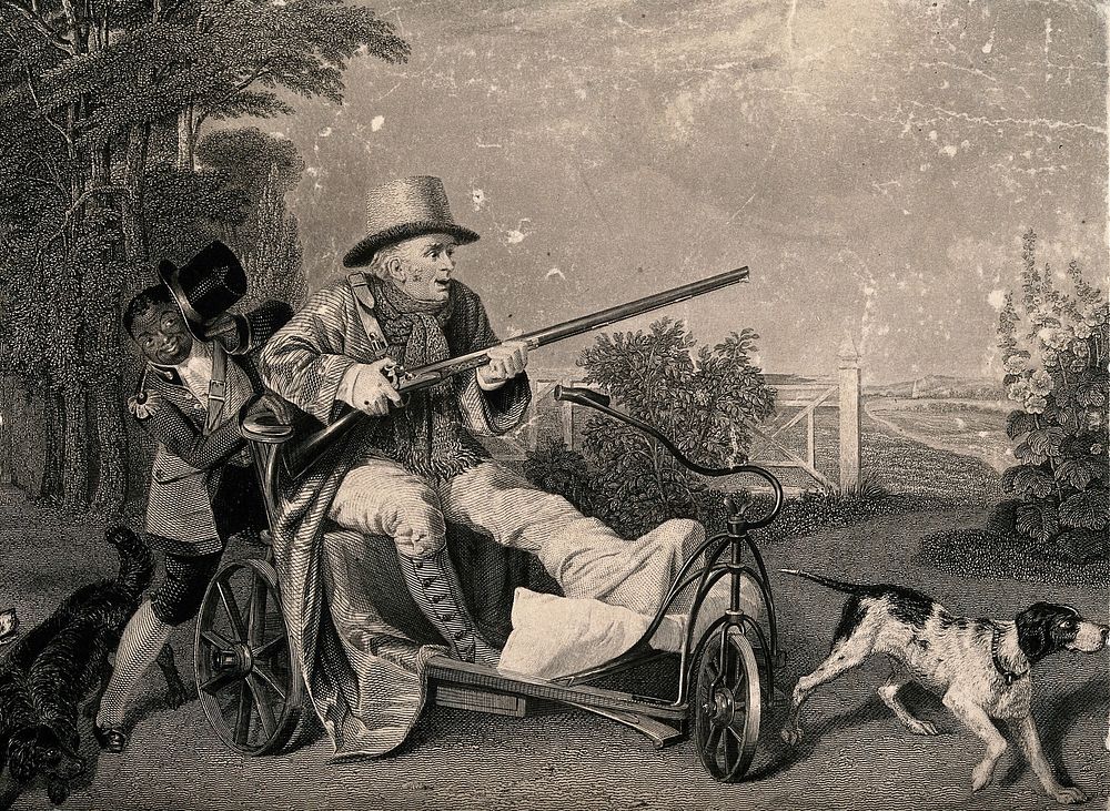 A gouty man in a Bath chair out shooting with his dogs, his black servant sniggers behind him. Engraving.
