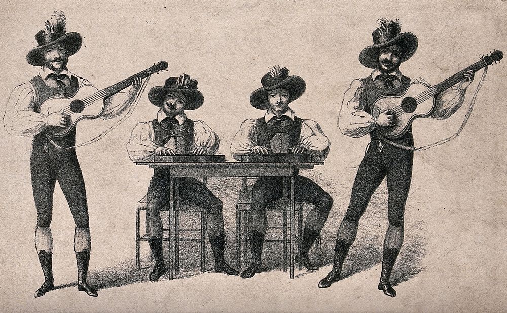 Four musicians performing: two standing men play guitars, two seated men play zithers. Lithograph.