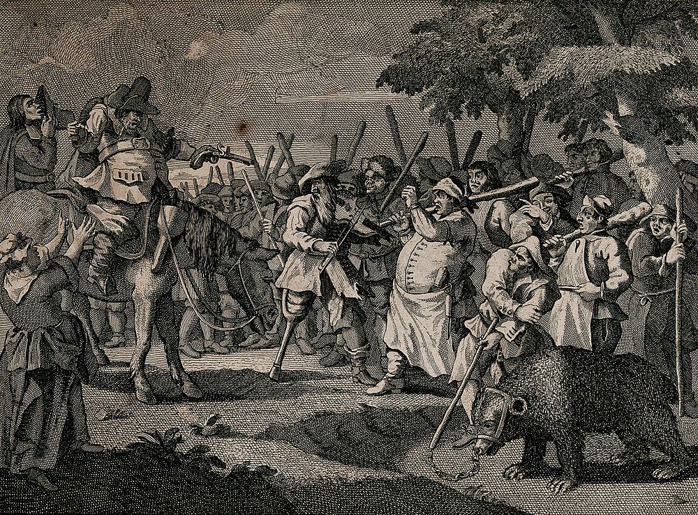 Hudibras confronts with a pistol a club-wielding crowd, including Crowdero the fiddler with a peg leg, Talgot the butcher…