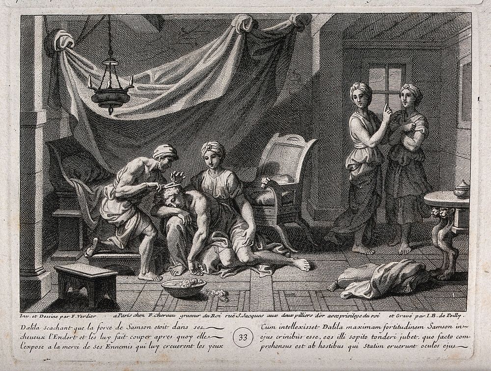 Delilah caresses the sleeping Samson as she sets her barber to work. Engraving by J.B. de Poilly after F. Verdier, 1698.