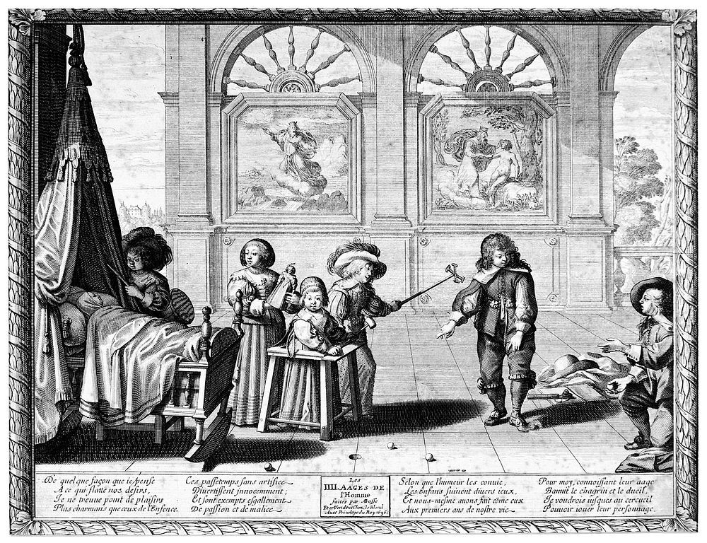 Children playing with various toys, in the background are paintings of the Creation and the creation of Adam. Engraving by…