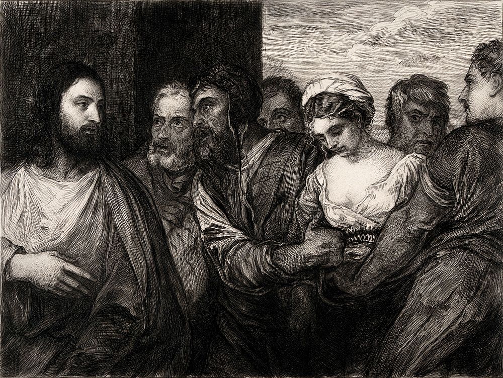 Christ and the woman taken in adultery. Etching by W. Unger after Titian.