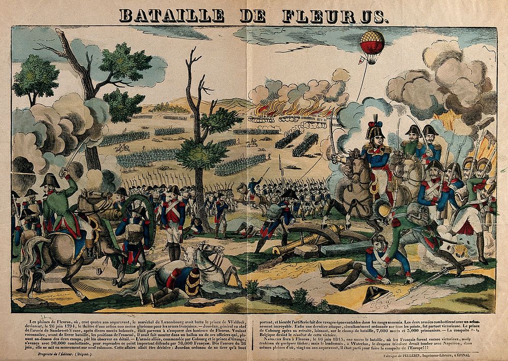 The battle of Fleurus. Coloured wood engraving.