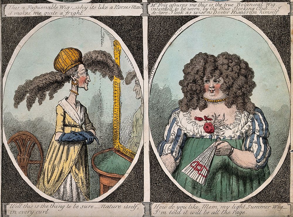 Women wearing four different styles of fashionable wigs. Coloured etching.