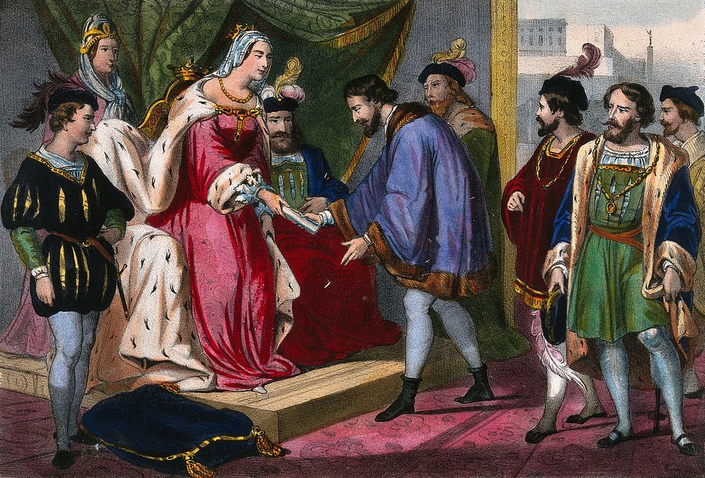 Christopher Columbus receiving from Queen Isabella of Spain his nomination as Viceroy of the territories he will discover on…