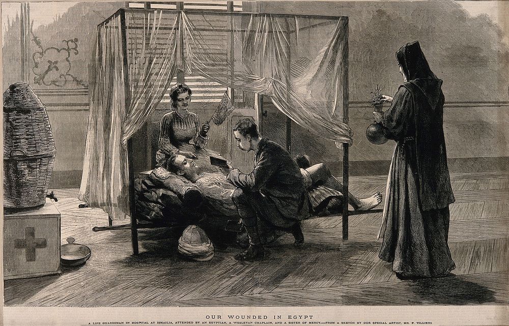 A wounded British soldier being visited in an Egyptian hospital by a monk, a sister of mercy and a chaplain. Wood engraving…