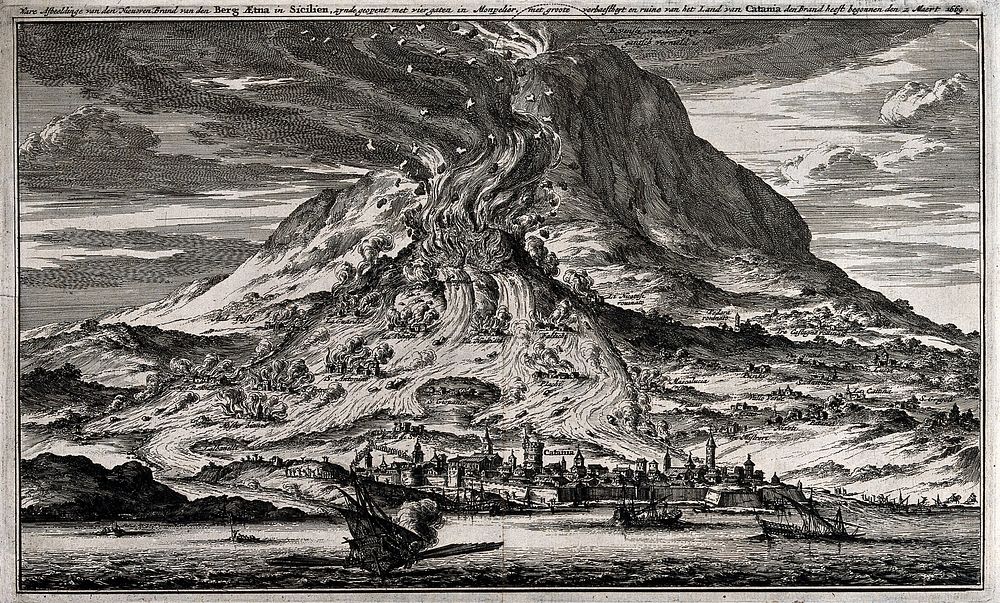 The eruption of Mount Etna in 1669. Etching.