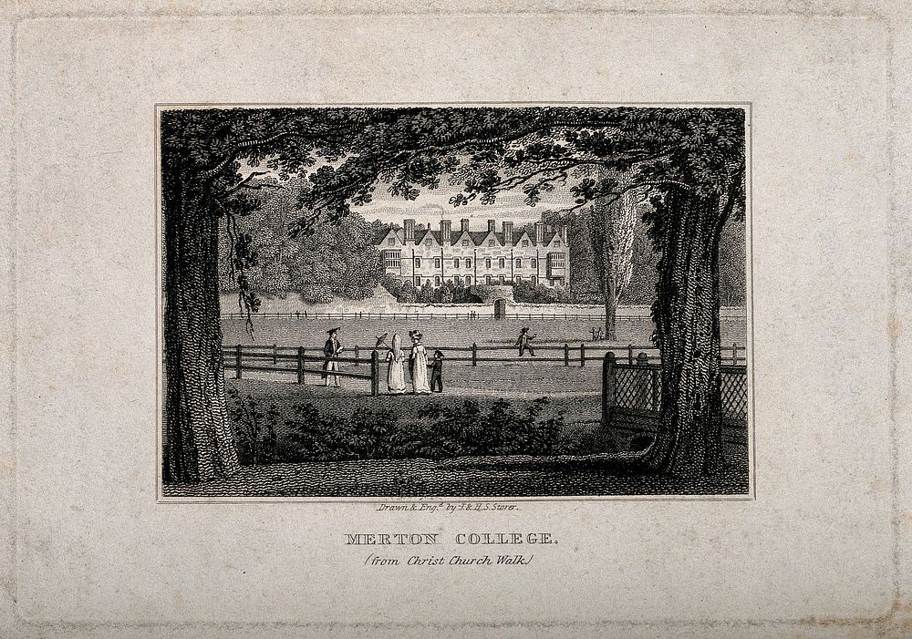 Merton College, Oxford: panoramic view from Christ Church walk. Line engraving by J. & H.S. Storer.