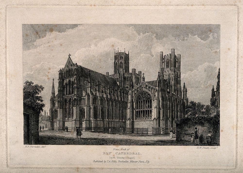 Ely Cathedral, Cambridgeshire: east front. Etching by R.W. Smart after R.B. Harraden.