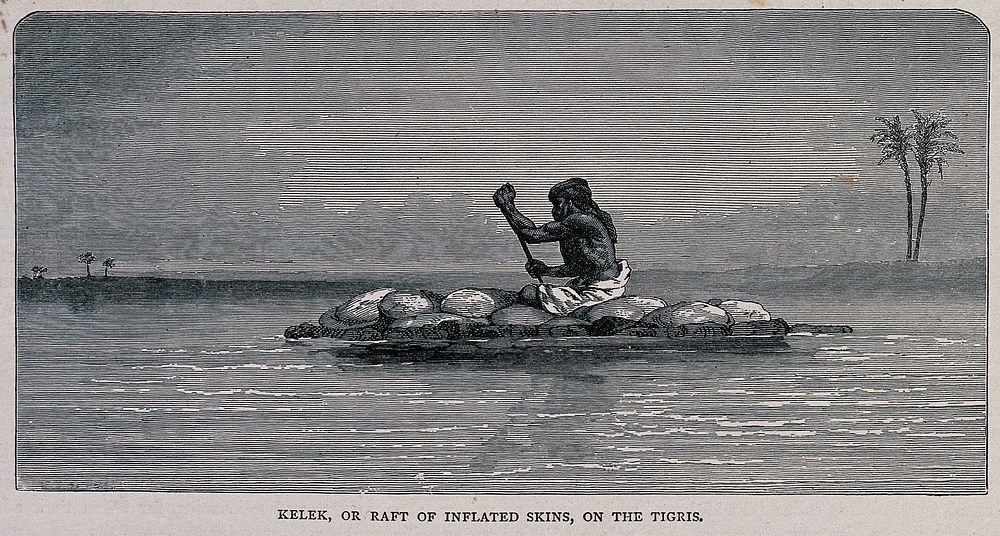 A man using a raft of inflated skins to navigate the River Tigris. Wood engraving.