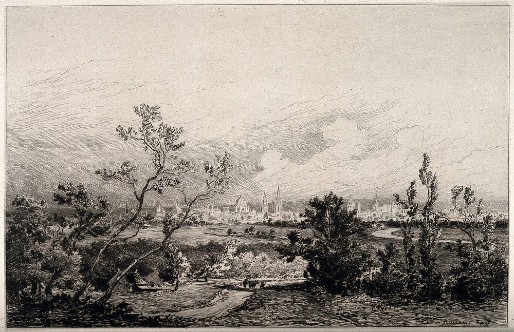 City of Oxford: cityscape view. Etching by H. Toussaint.