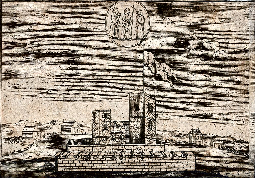 A building flying a pennent from a tower, surrounded by small houses; above, the appearance of three nuns holding rosaries…