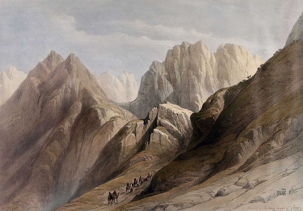 Ascent of the lower ranges of Mount Sinai. Coloured lithograph by Louis Haghe after David Roberts, 1849.