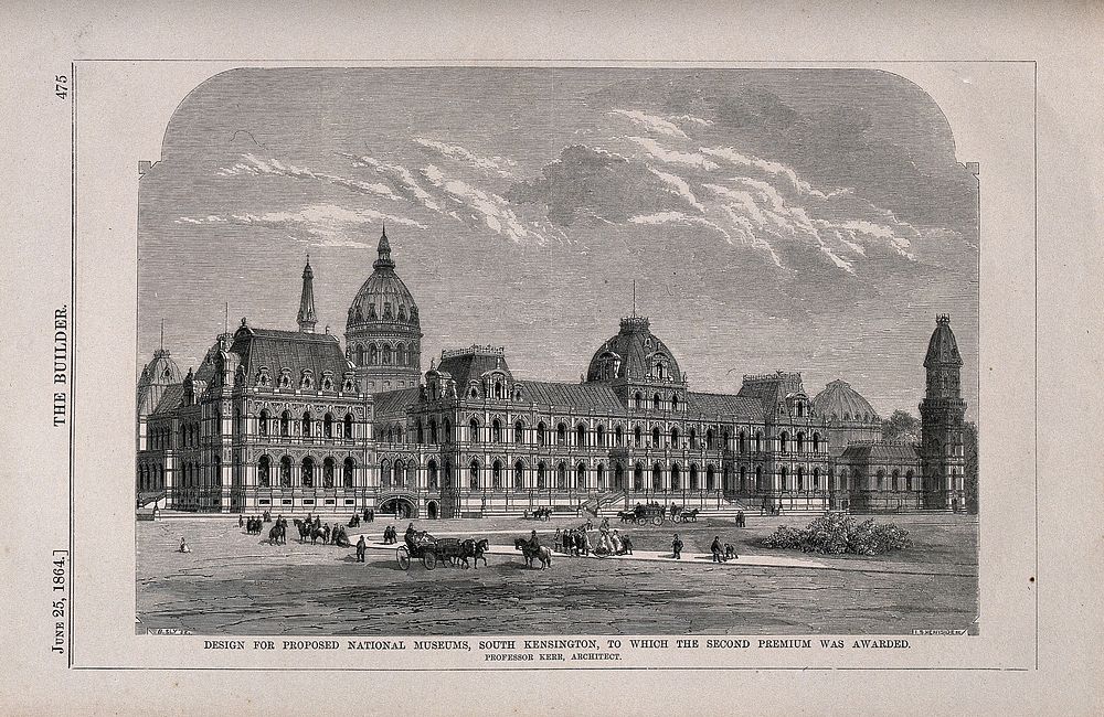 Design for museums at south Kensington. Wood engraving by J. S. Heaviside after B. Sly after R. Kerr, 1864.