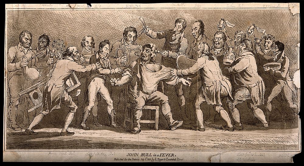 John Bull as the patient of promotors of competing therapies; representing British parliamentary reform. Aquatint by S. de…