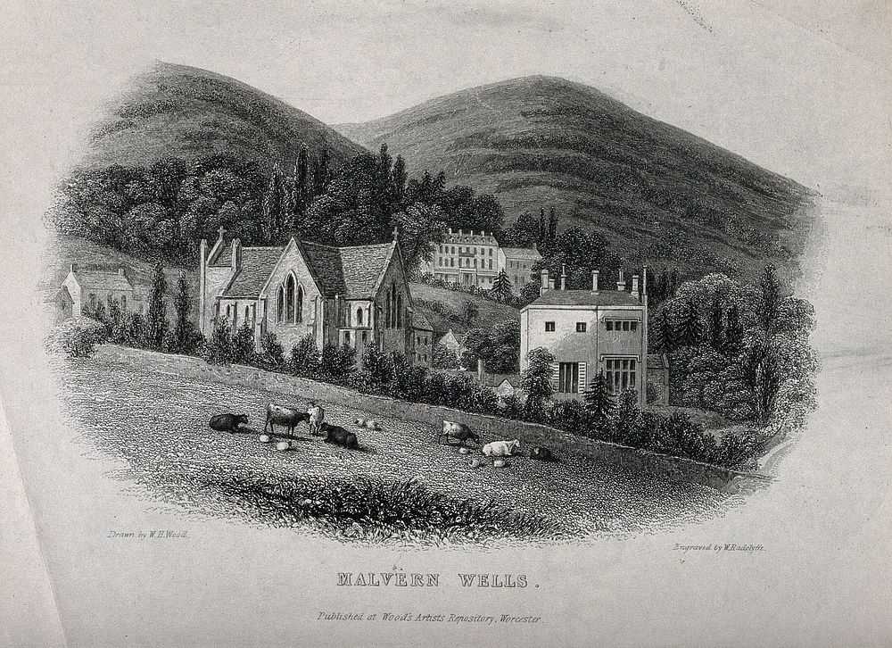 Malvern Wells, Great Malvern, Worcestershire. Wood engraving by W. Radclyffe after W.H. Wood.