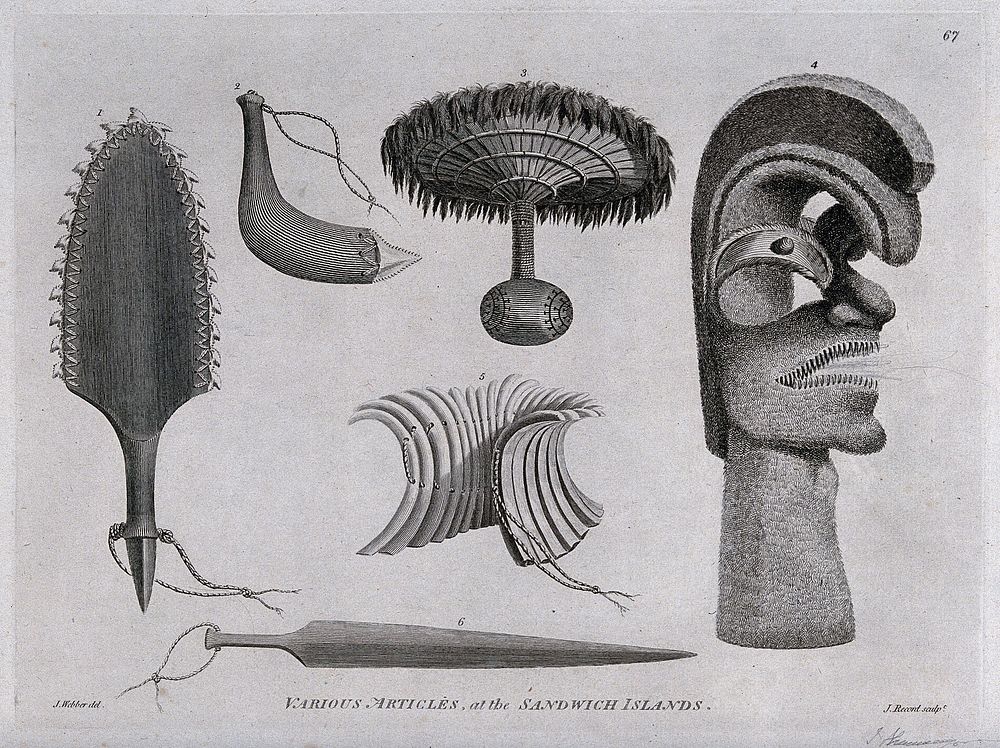 Objects from the Hawaiian Islands. Engraving by J. Record, 1784, after J. Webber.