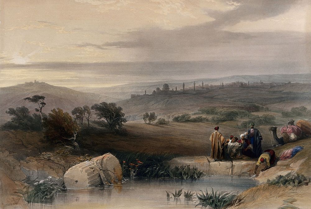 A distant view of Jerusalem; some people with camels resting by a pool. Coloured lithograph by Louis Haghe after David…