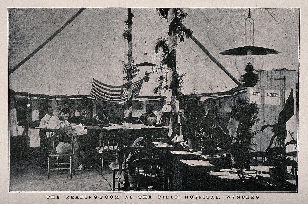Boer War: the reading-room at the field hospital, Wynberg, South Africa. Halftone, 1900, after R. Thomas.