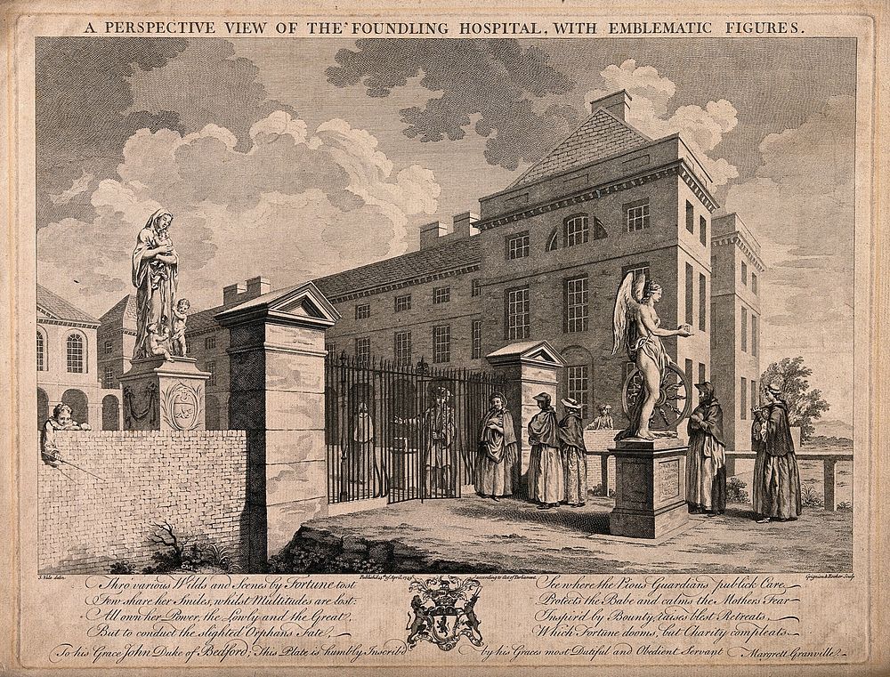 The Foundling Hospital, Holborn, London: a perspective view looking north-east at the main building, with penitent mothers…