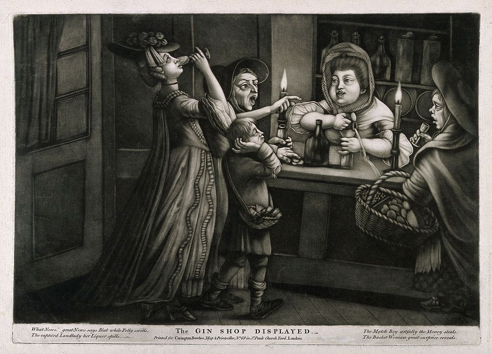 Three women in a gin shop divert the landlady's attention while a match boy steals her money. Mezzotint, c. 1765.