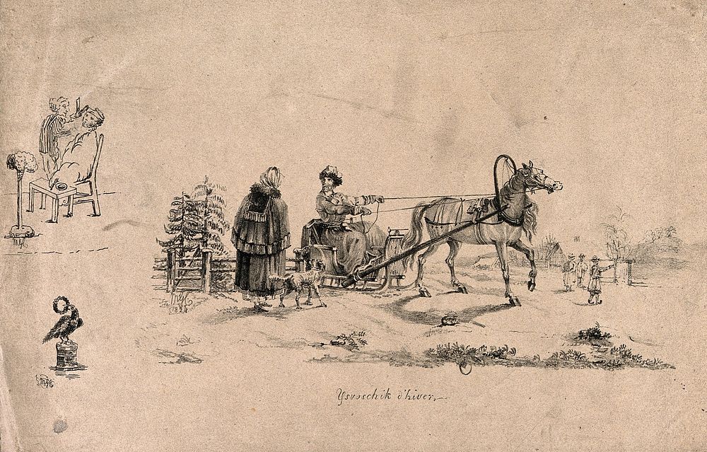 A Russian  in his sleigh talking to a man with a dog: to the left is a barber dressing a man's hair, beneath which there is…