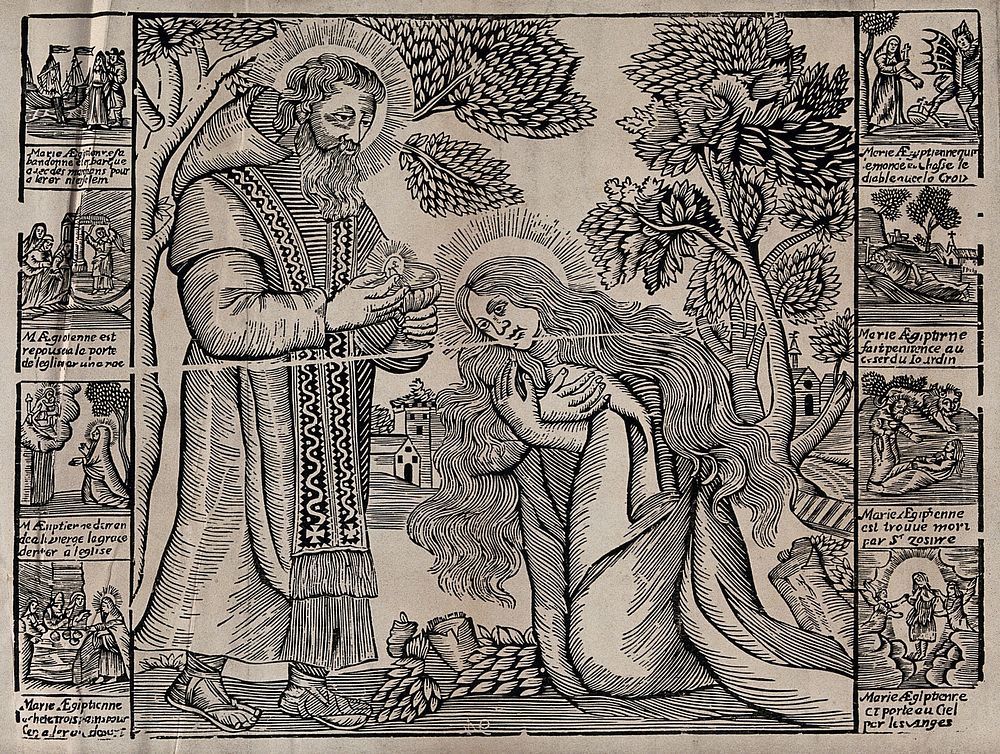 The communion of Saint Mary of Egypt, framed by other scenes from her life. Woodcut.