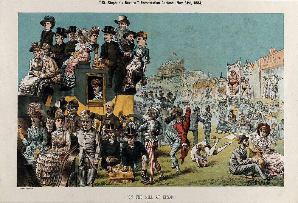 British politicians at the Derby at Epsom. Colour lithograph by Judd & Co. after Tom Merry, 31 May 1884.