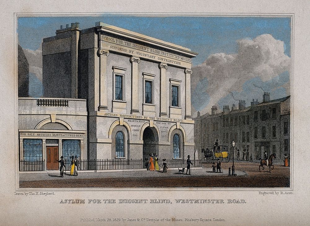 The blind school, Southwark. Coloured engraving by R. Acon, 1829, after T. H. Shepherd.
