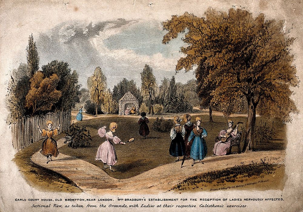 Earl's Court House, London: the gardens with several women, walking, skipping, playing badminton, etc. Coloured lithograph…