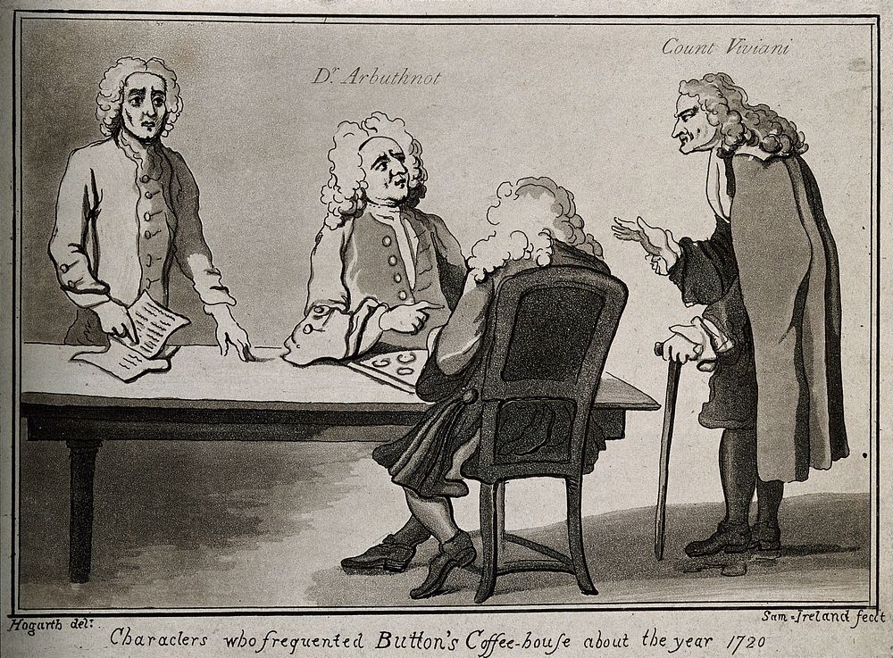 Men playing draughts in Button's coffee-house ca. 1720 Aquatint by S. Ireland after W. Hogarth.