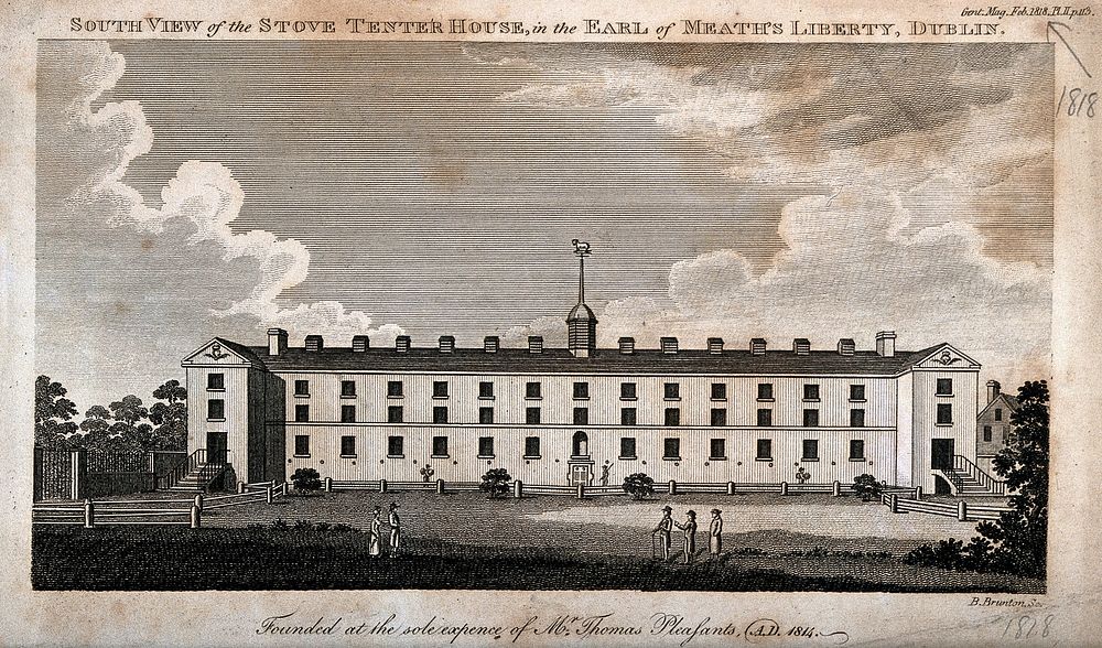 Stove Tenter House with grounds, Dublin, Ireland. Line engraving by B. Brunton, 1818.