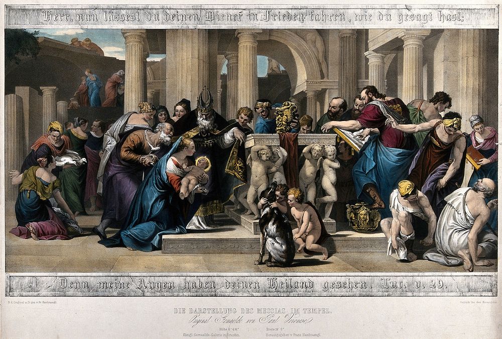 The presentation of Jesus to the priest of the Temple. Coloured lithograph by F.S. Hanfstaengl after P. Caliari, il Veronese.