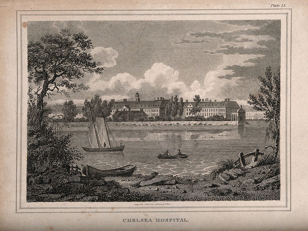 The Royal Hospital, Chelsea: viewed from the Surrey bank with boats on the river. Engraving by J. Storer after S. Prout…