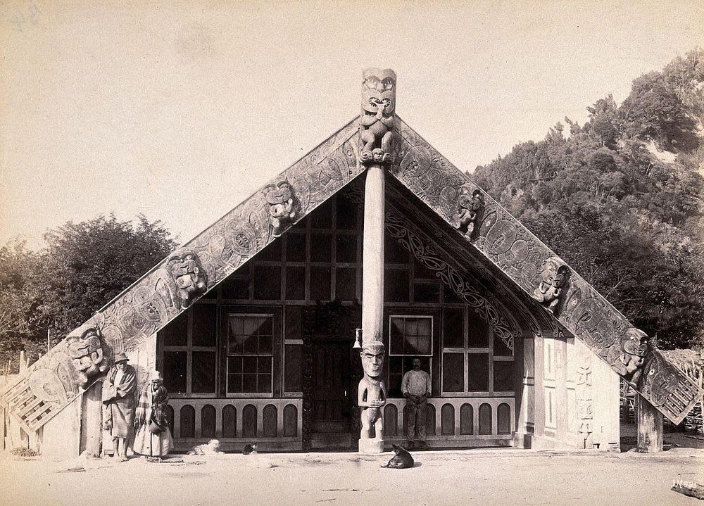 New Zealand: a Maori meeting house. Albumen print.