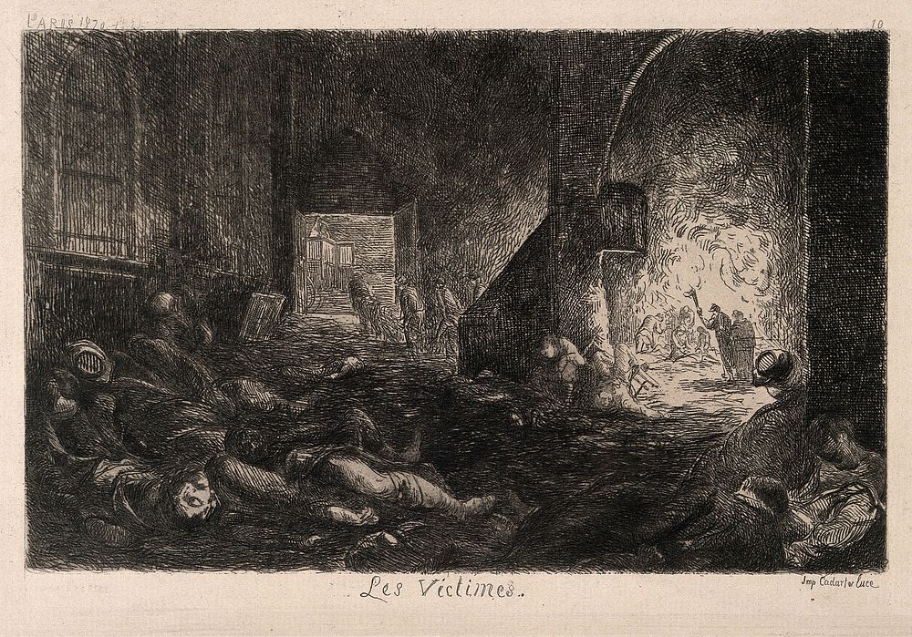 A Parisian street filled with the dead and dying. Etching by Desbrosses.