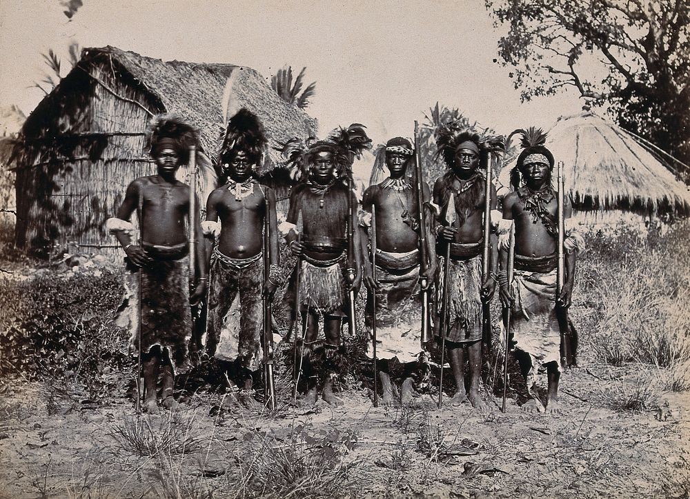 Africa: a group of African warriors. Albumen print.