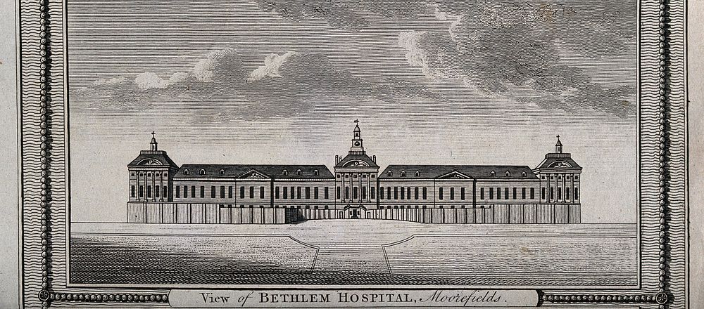 The Hospital of Bethlem [Bedlam] at Moorfields, London: seen from the north. Engraving, 1775.