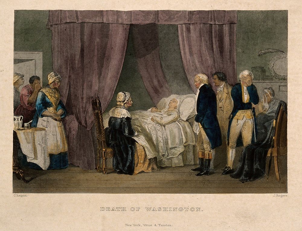 George Washington on his deathbed, 1799. Coloured engraving by J. Rodgers after Chapin, 1799.