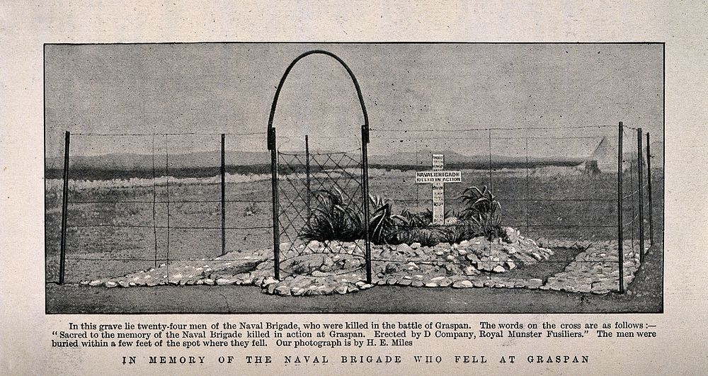 Boer War: the grave of men of the Naval Brigade who were killed in the battle of Graspan. Halftone, c. 1899, after H. E.…