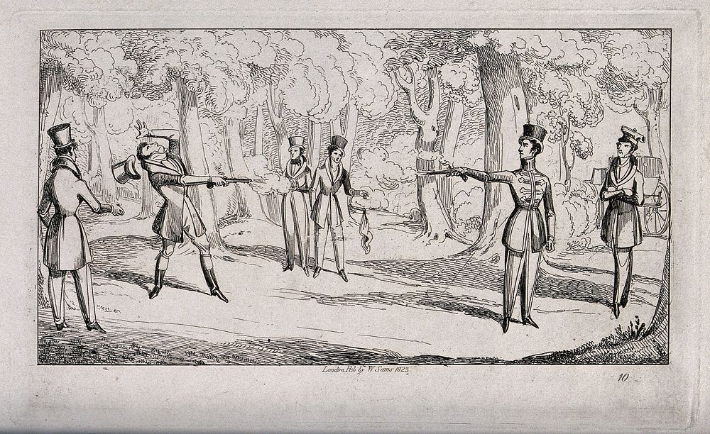 Two gentlemen duelling with pistols. Etching, 1823.