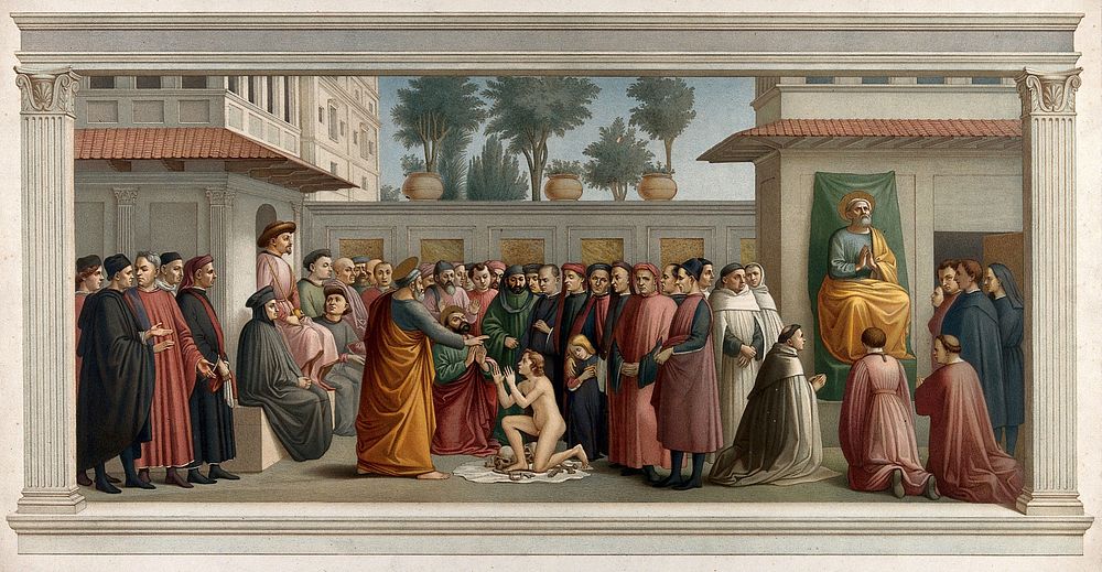 Saint Peter raising the son of Theophilus, and the homage to Saint Peter. Chromolithograph by L. Gruner, 1863, after C.…
