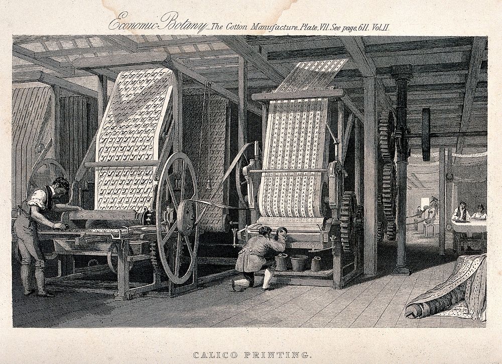 Textiles: men working at large fabric printing machines. Engraving.