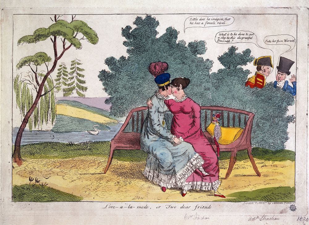 Lady Strachan and Lady Warwick making love in a park, while their husbands look on with disapproval. Coloured etching, ca.…