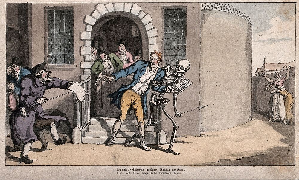The dance of death: the prisoner discharged. Coloured aquatint after T. Rowlandson, 1816.